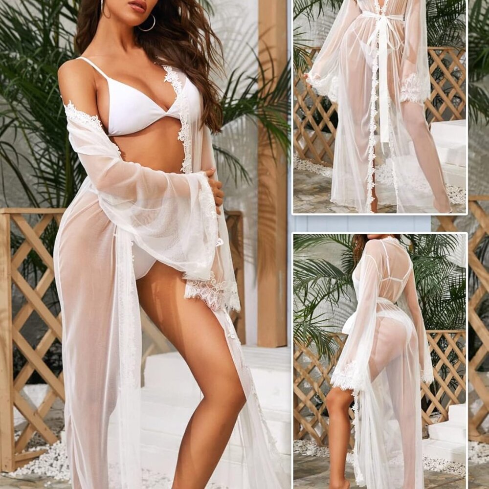 Lingerie for Women Sexy Long Lace Kimono Robe Mesh Chemise Lace Gown Swimsuit Co - Picture 3 of 5